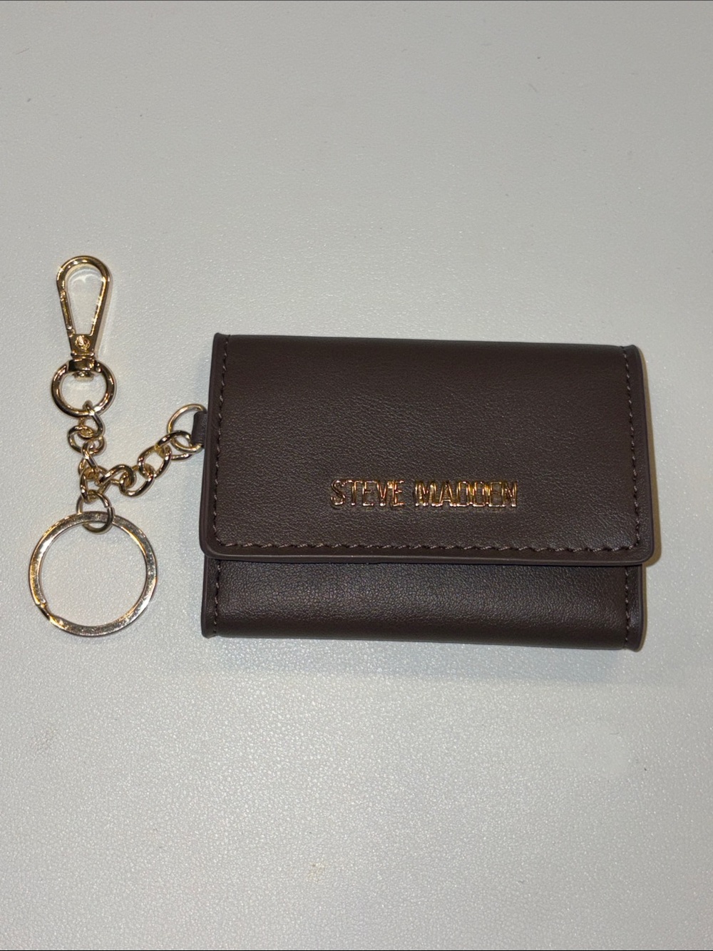 Steve Madden Dark Brown Leather Key & Card Holder with Gold Hardware